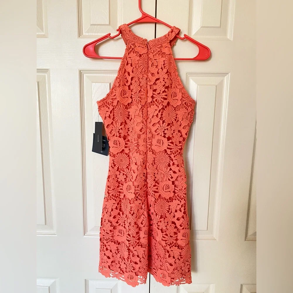 NWT Lulus Coral Orange Lace Halter Mini Dress - Picture 5 of 14